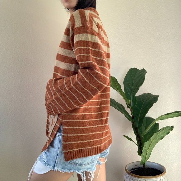 Vintage Brown Stripe Henley Knit Sweater - Picture 3 of 5